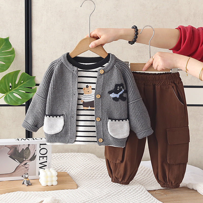 Baby boy outfit for 1-3 year olds, stylish children's spring and autumn two-pocket cat three-piece set