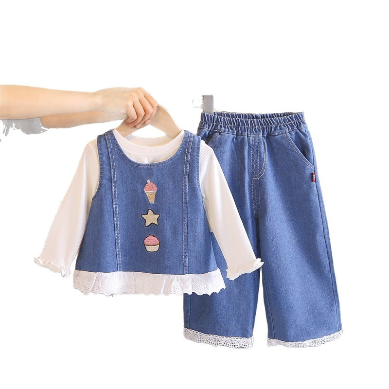 Girls' 2026 New Style Children's Baby Girl Cartoon Embroidered Denim Three-Piece Set Stylish Spring and Autumn Outfit for Little Girls