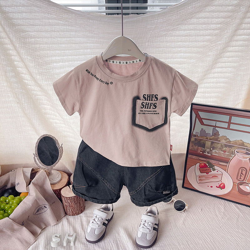 Children's clothing for boys, outfit, baby pocket letter print short-sleeve set, 2026 summer style, stylish boys' children's clothes