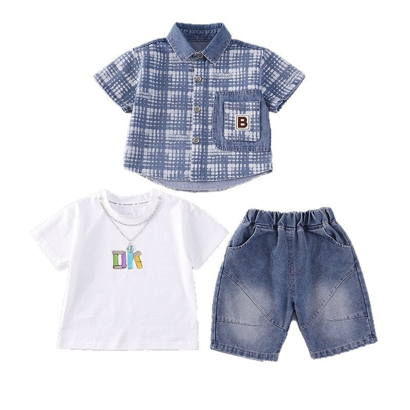 Boys' Denim Plaid Short Sleeve Suit, Stylish Children's Clothing, 2026 New Model, Trendy Summer Clothes for Young Children