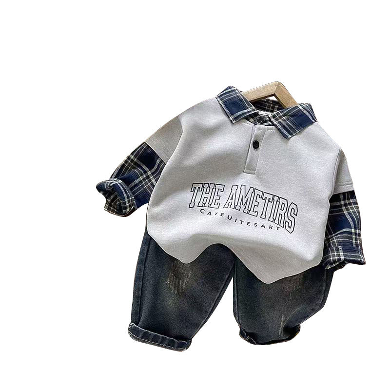 Boys' plaid shirt set 2026 new fashion stylish children's clothing for 1-year-old infants spring and autumn handsome baby boy outfit