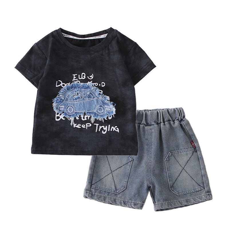 Boys' Outfit 2026 New Model: Toddler Patchwork Car Short-Sleeve Children's Clothing Baby Summer Two-Piece Set