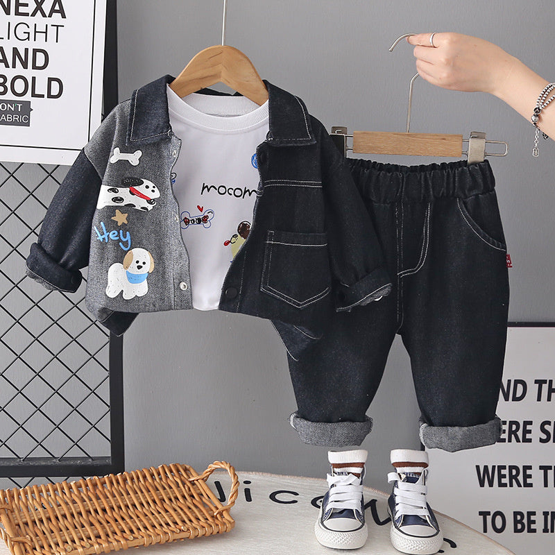Baby Boy and Autumn Outfit 2026 New Fashionable Infant Spring Clothing Casual Puppy Denim Jacket Three-Piece Set