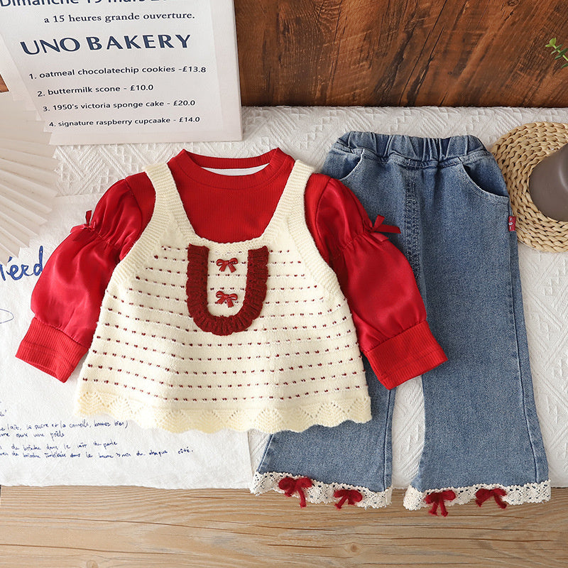 Baby Girl's and Autumn Fashionable 2-piece Outfit, Korean Style Infant Clothing for 1-year-old Girls, Spring Bowknot Three-piece Set
