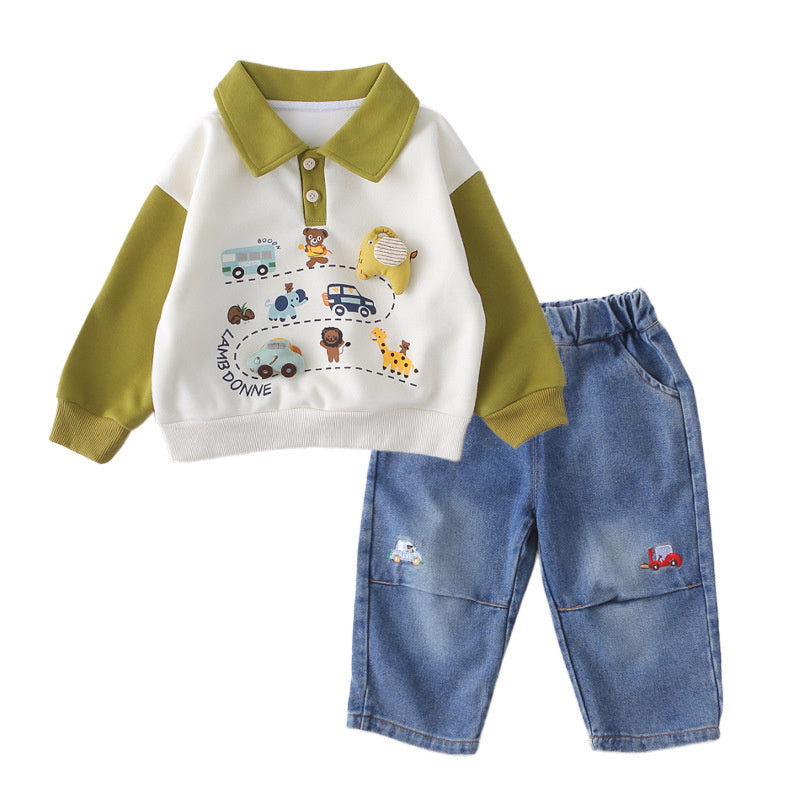 Boys' Spring and Autumn Outfit 2026 New Fashionable Infant Children's Clothing Baby Cartoon Cardigan Two-Piece Set Trendy