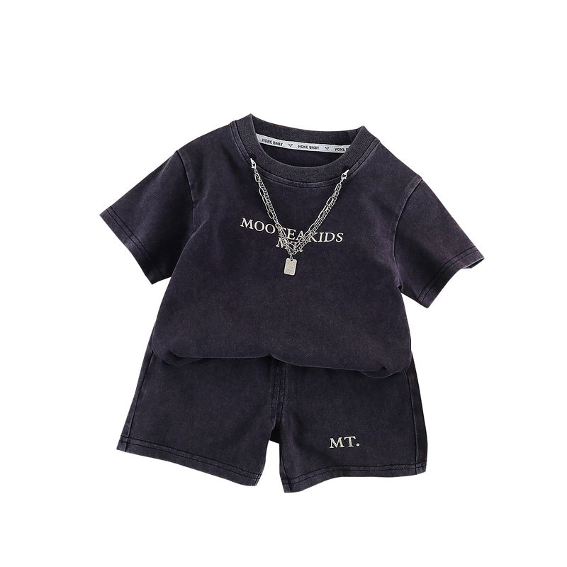 2026 New Children's Short-Sleeve Set for Boys, Baby Two-Piece Outfit with Chain Letter Design, Summer Casual Outing Clothes