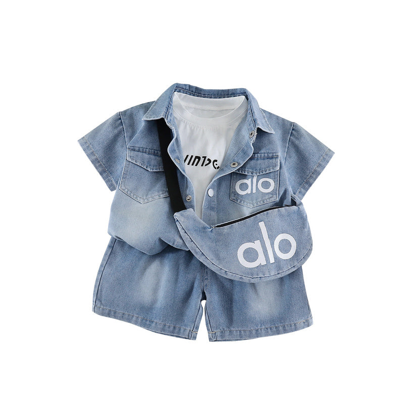 Outfit 2026 New Boys' Clothing Summer Baby Denim Letter Bag Three-Piece Set Short Sleeve Children's Korean Style