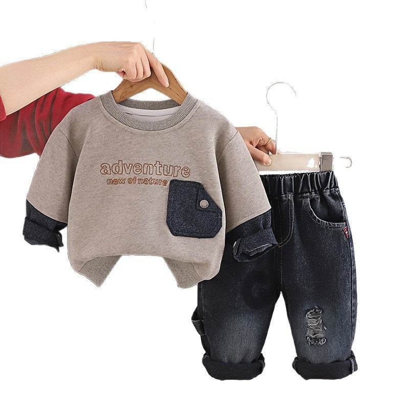 Boys' Outfit 2026 Spring and Autumn Clothes Infant Children's Denim Pocket Sweatshirt Baby Stylish Two-Piece Set Trendy