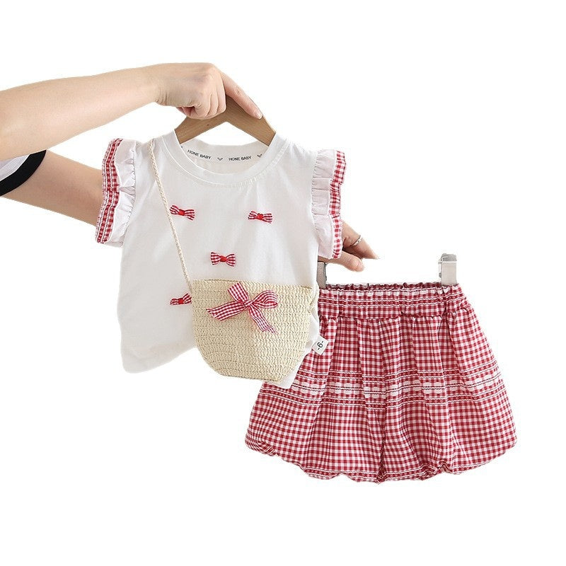Girls' Outfit: Stylish and Fashionable Children's Clothing, Summer Bow Short-Sleeve Two-Piece Set for 1-Year-Old Baby Girls