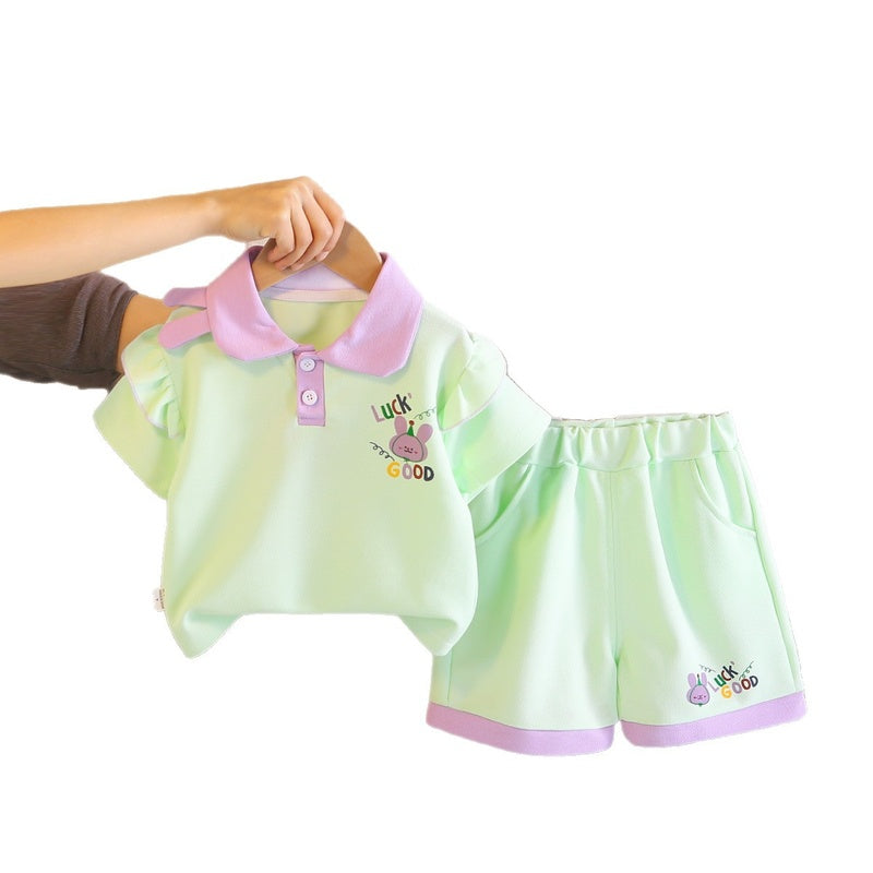 Girls' Outfit 2026 New Style Baby Children's Summer Clothes and Stylish Cute Lapel Rabbit Short Sleeve Two-Piece Set