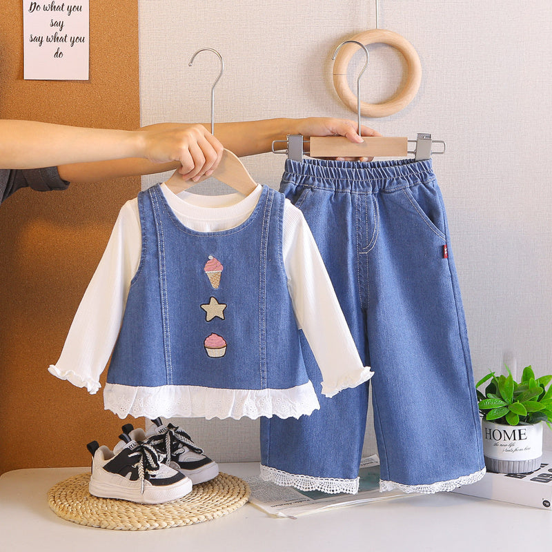 Girls' 2026 New Style Children's Baby Girl Cartoon Embroidered Denim Three-Piece Set Stylish Spring and Autumn Outfit for Little Girls