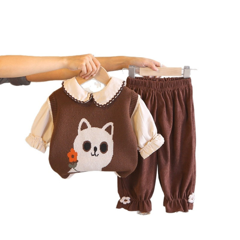 Boys' Spring Outfit 2026 New Children's Spring-Autumn Cat Sweater Three-Piece Set Stylish Baby Autumn Clothes
