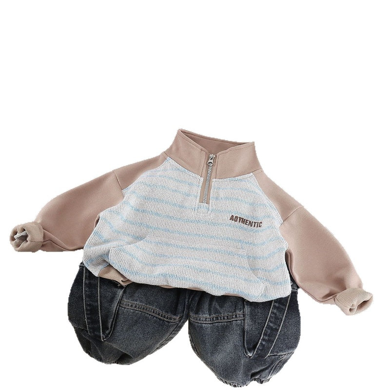 Boys' Outfit 2026 New Fashionable Children's Stand-up Collar Striped Two-piece Set Baby Spring and Autumn Casual Trend