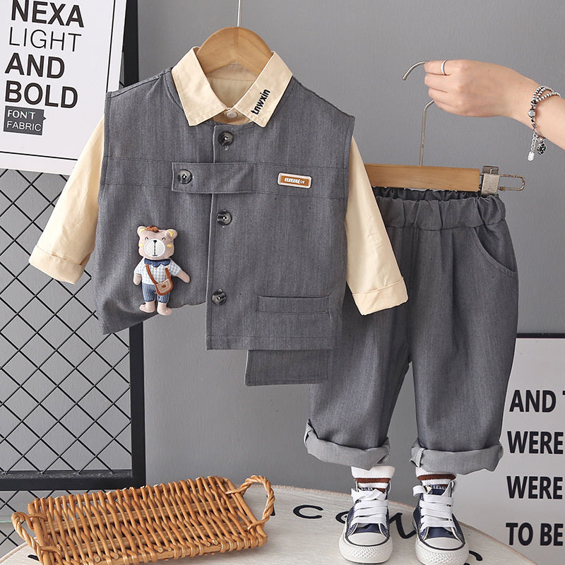 Boys' Stylish Fashion 2026 New Spring and Autumn Long-Sleeve Bear Vest Three-Piece Set for Children Casual Trendy Outfit