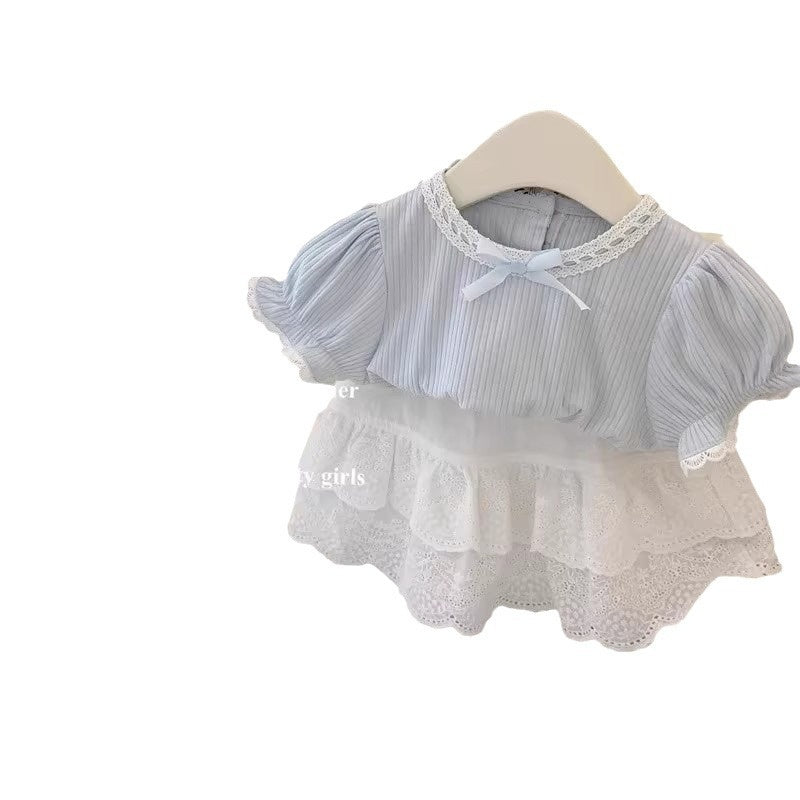 Girls' 2026 Summer New Cream Blue Top Short Sleeve Ballet Lace Skirt Baby Girl Korean Style Outfit