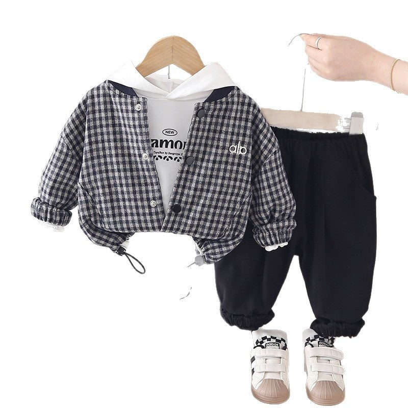 Boys' Outfit Toddler Baby Spring and Autumn Plaid Three-Piece Set 2026 New Jacket for 1-3 Year Old Children's Clothing