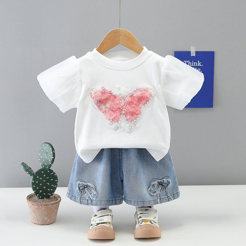Little girl's summer butterfly short-sleeve outfit, stylish 2026 new baby clothes, fashionable and cute two-piece set for babies
