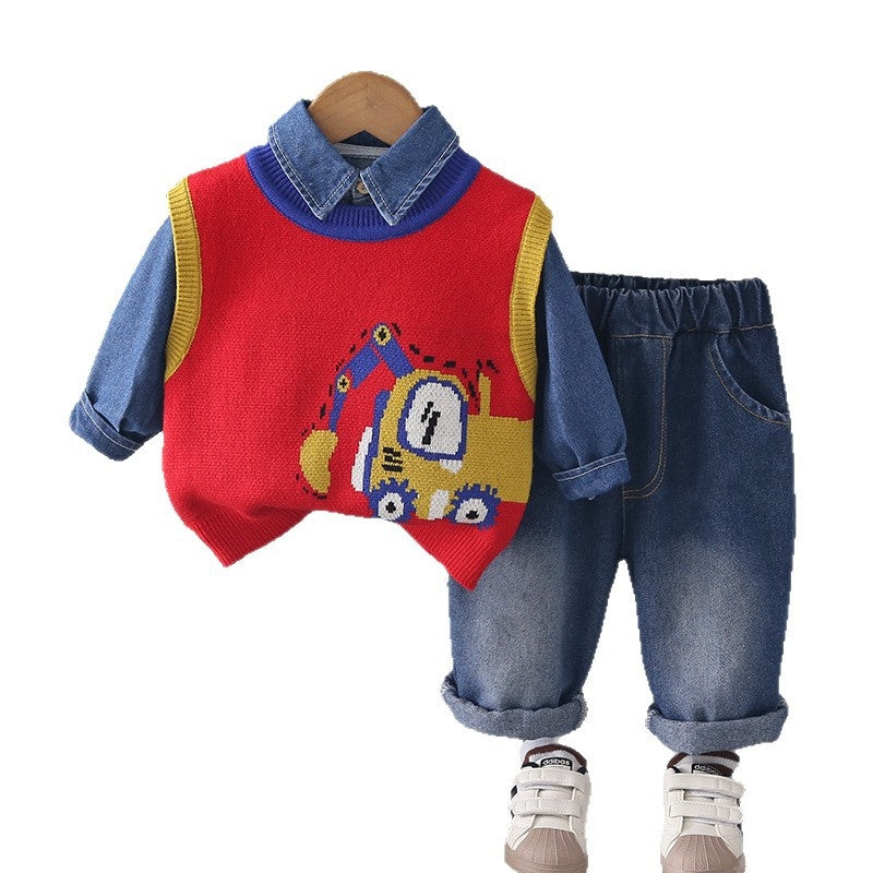 Boys' Autumn Outfit 2026 New Fashionable Spring-Autumn Children's Sweater Three-Piece Set Baby Clothes Wholesale