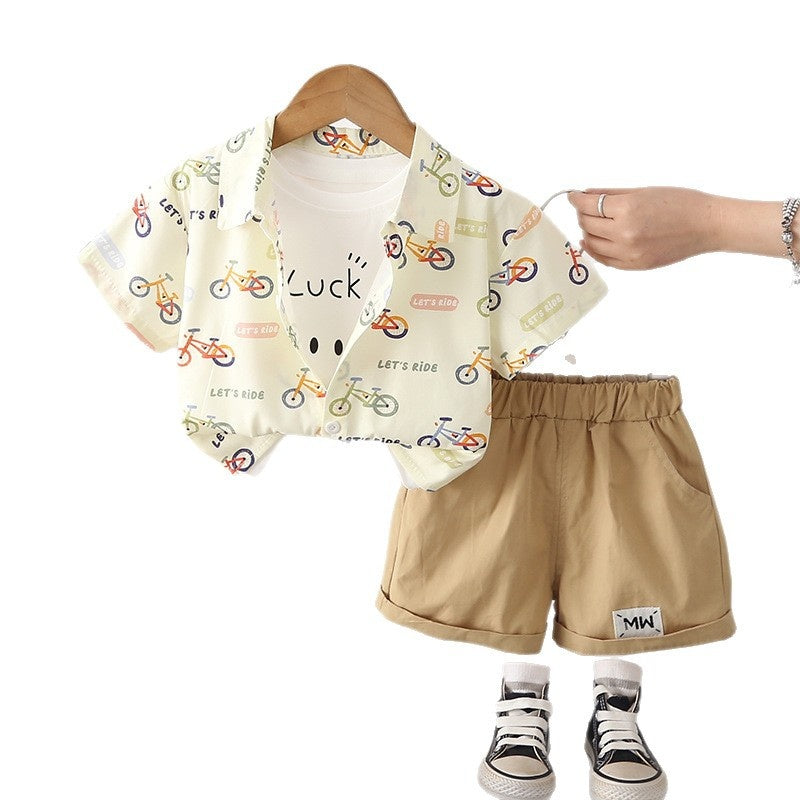 Boys' Outfit 2026 New Fashionable Baby Bicycle Short-Sleeve Shirt Three-Piece Set Summer Clothes Children's Wear