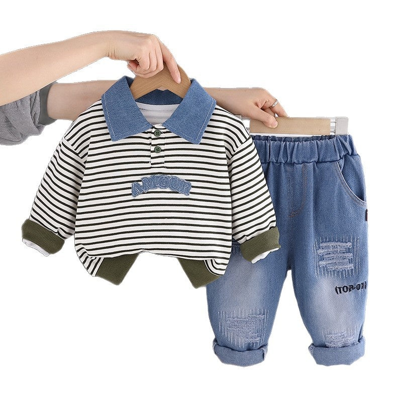 Boys' Outfit Set 2026 New Style Infant Children's Spring and Autumn Striped Denim Polo Sweatshirt Two-Piece Baby Boy Clothes