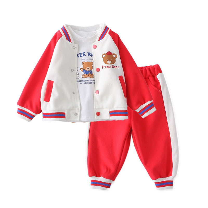 Outfit 2026 New Bear Baseball Suit Baby Cartoon Three-Piece Set Boys' Casual Spring and Autumn Fashionable Children's Clothing