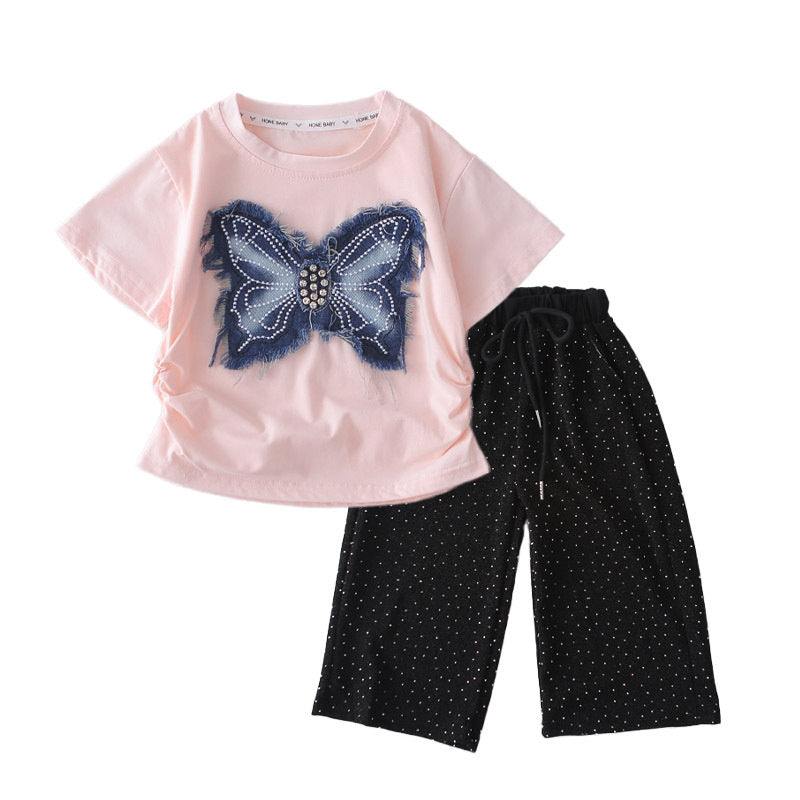 Girls' Outfit 2026 New Fashionable Children's Stylish Baby Girl Summer Dress with Butterfly Rhinestone Short Sleeve Two-Piece Set
