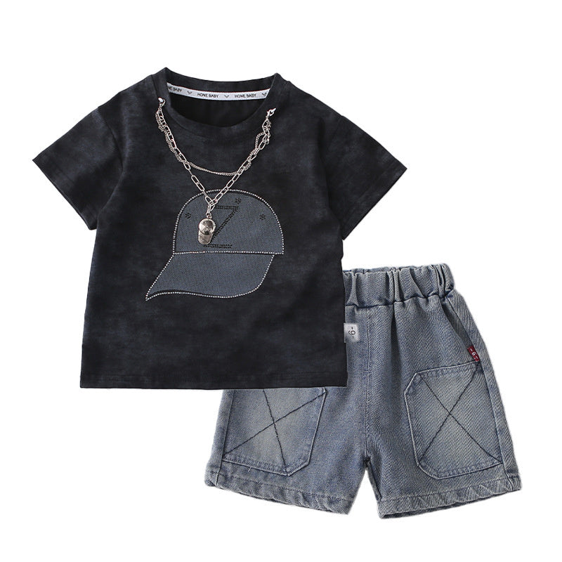 Boys' Outfit 2026 New Style Hat Short Sleeve Stylish Toddler Summer Clothes Round Neck Two-Piece Set Baby Trendy
