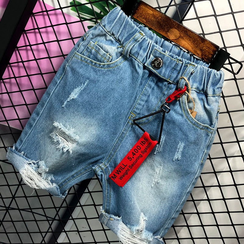 2020 New Summer Striped Short-Sleeve T-Shirt Set for Children, Distressed Personalized Denim Shorts Set, Two-Piece Trendy Outfit