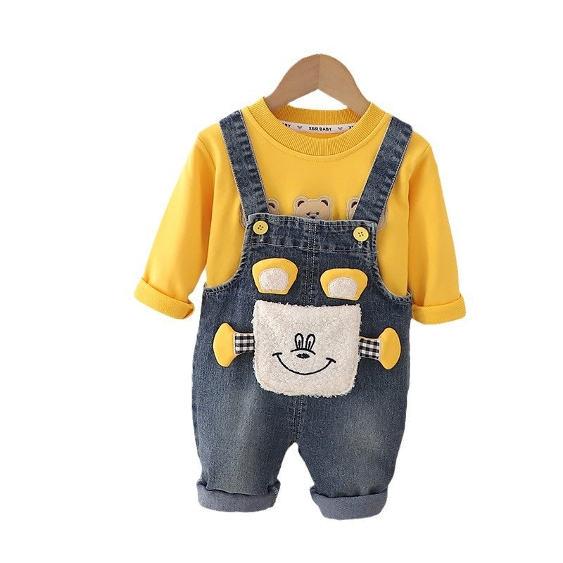 Children's Clothing Boys' Spring 2024 New Fashionable Cartoon Sweatshirt with Straps Two-Piece Set for Boys