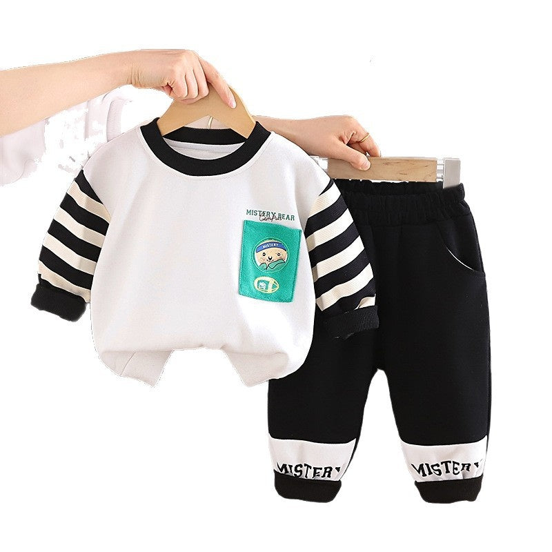 Boys' Autumn Outfit: Stylish Cartoon Pocket Bear Color-Block Sweatshirt Two-Piece Set, Cute Toddler Clothes for Babies and Children