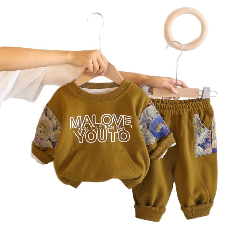 Children's Patchwork Bear Baby Long Sleeve 2026 Spring and Autumn New Boys' Cartoon Sweatshirt Two-Piece Set Trendy