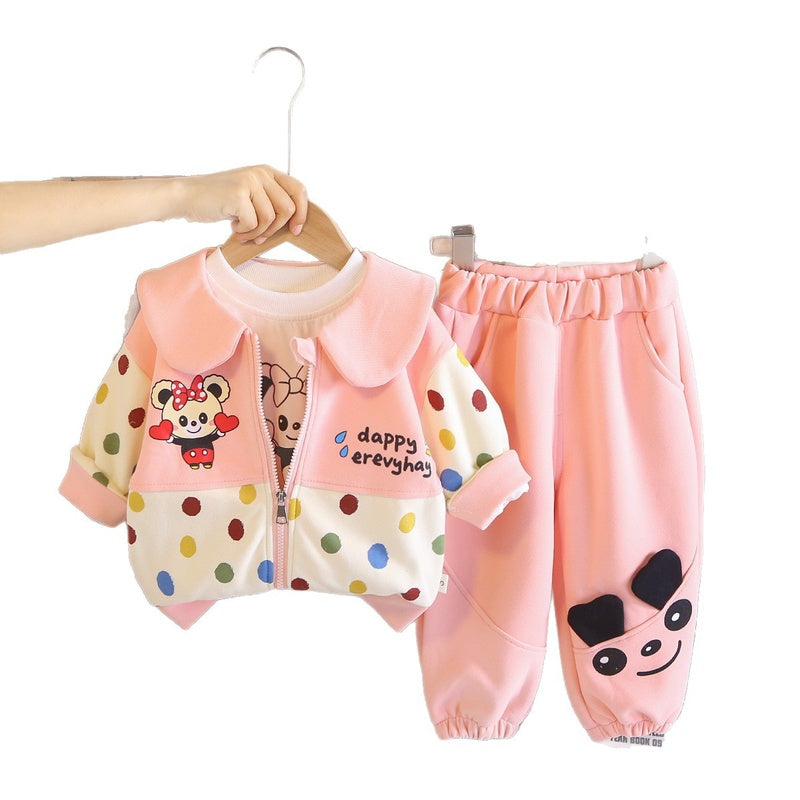 Girls' Stylish Colorful Polka Dot Outfit 2026 Spring/Autumn Collection, Turn-down Collar Cartoon Three-piece Set, Fashionable Baby Girl Clothes