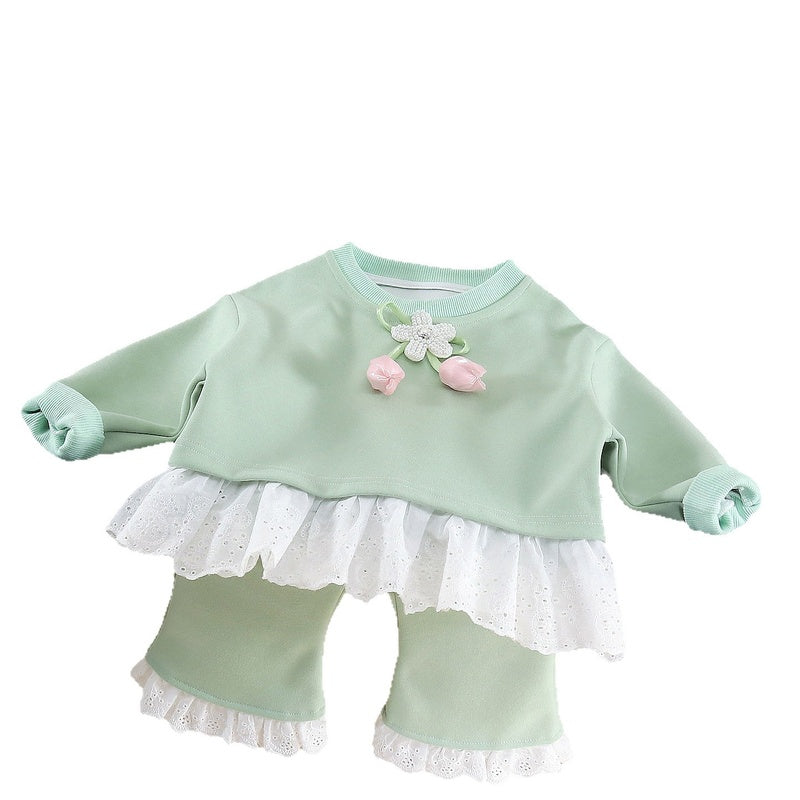 Girls' stylish hem lace sweatshirt spring and autumn set 2026 new children's fashion baby floral two-piece trendy outfit