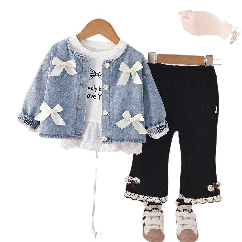 Outfit 2025 New Baby Four Bowknot Denim Three-Piece Set Spring and Autumn Infant Girls' Clothing