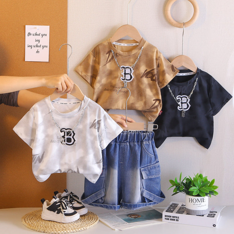 Boys' Summer Lightweight Set 2026 New Fashionable Children's Letter Necklace Short Sleeve Shorts Baby Two-Piece Trendy Outfit
