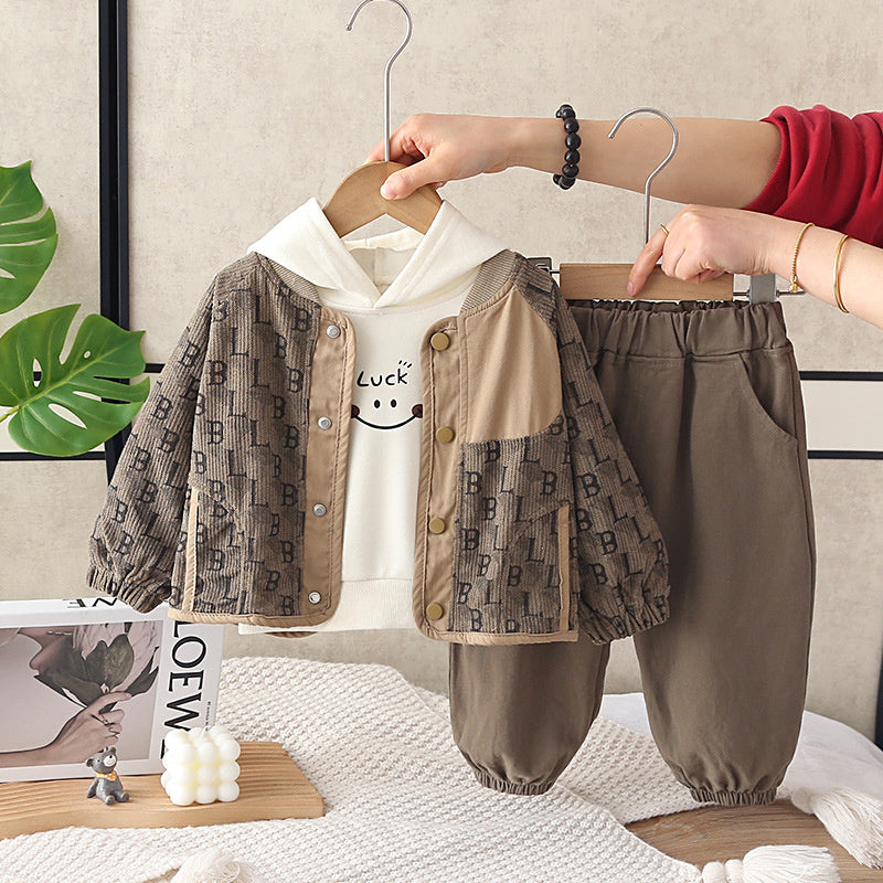 Boys' Spring and Autumn Fashionable Outfit 2026 New Letter Patchwork Cardigan Three-Piece Set Infant Casual Clothes Trendy