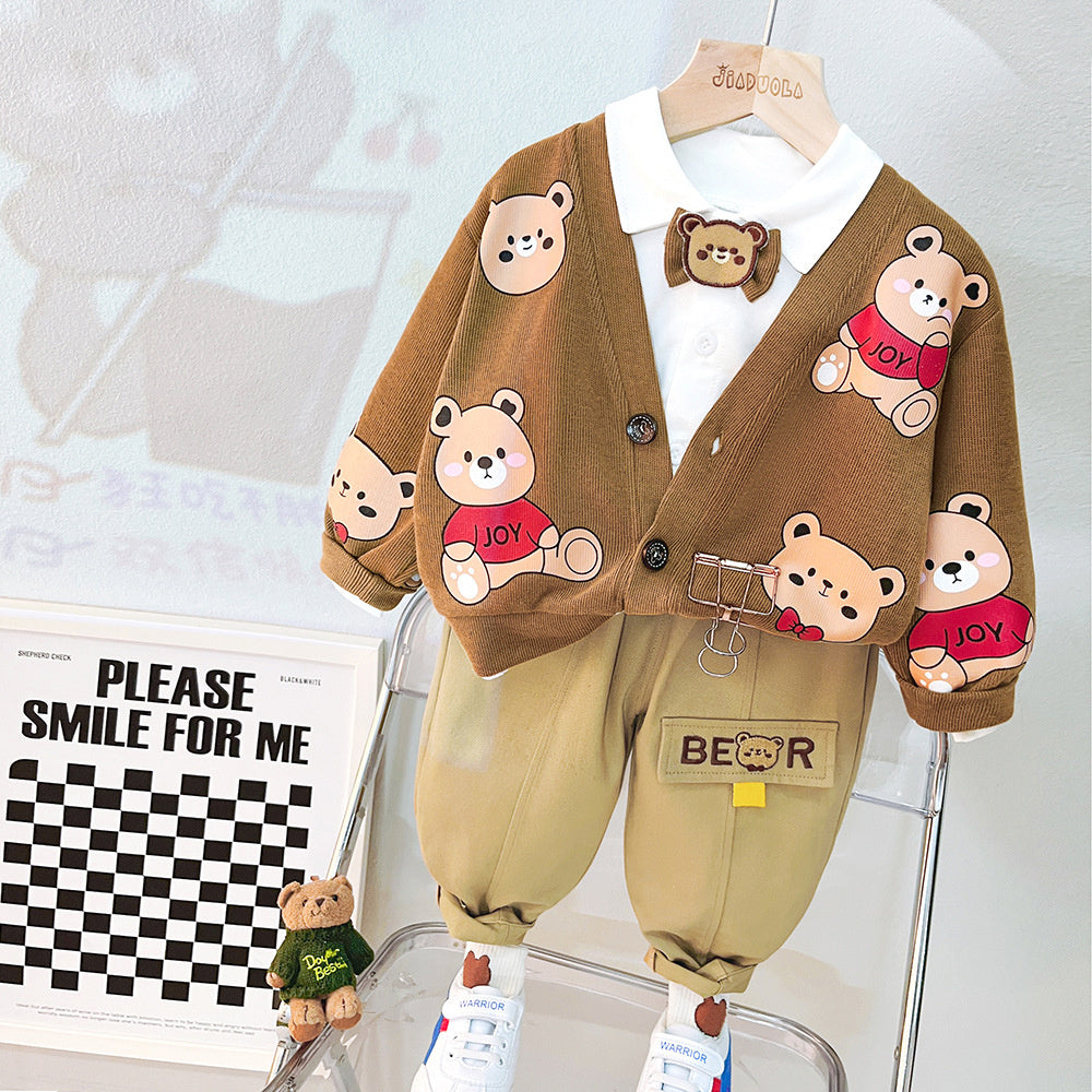 2023 Boys Long Sleeve Handsome Baby Boy Spring and Autumn Cute Bear Cardigan Little Children Three Piece Set