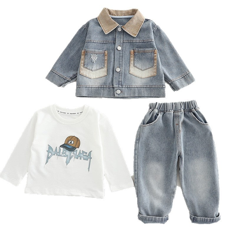 Boys' Double Pocket Denim 2025 New Korean Version Children's Soft Jacket for Young Middle-aged Children Spring and Autumn Three-piece Set