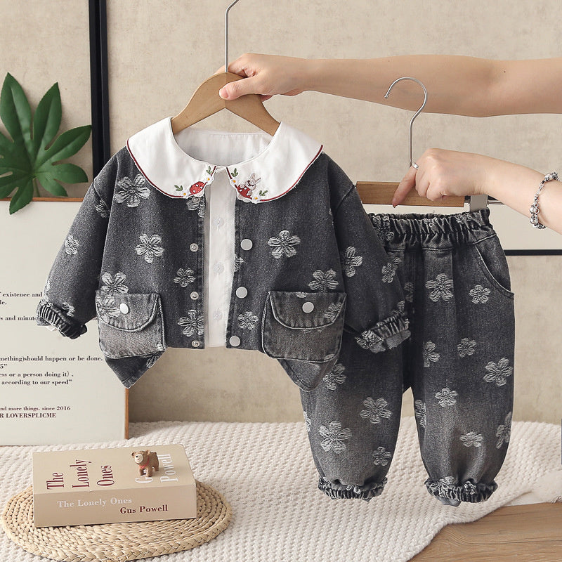 Girls' Spring and Autumn Petal Denim Outfit 2026 New Fashionable Korean Style Three-Piece Set for Young Girls
