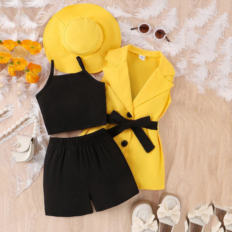 European American summer girls' outfit: four-piece set for young children including camisole, shorts, sleeveless blazer, and hat