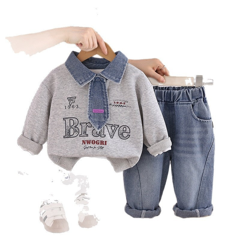 Boys' Suit 2026 New Spring and Style Children's Fashionable Baby Autumn Letter Denim Tie Two-Piece Set Trendy
