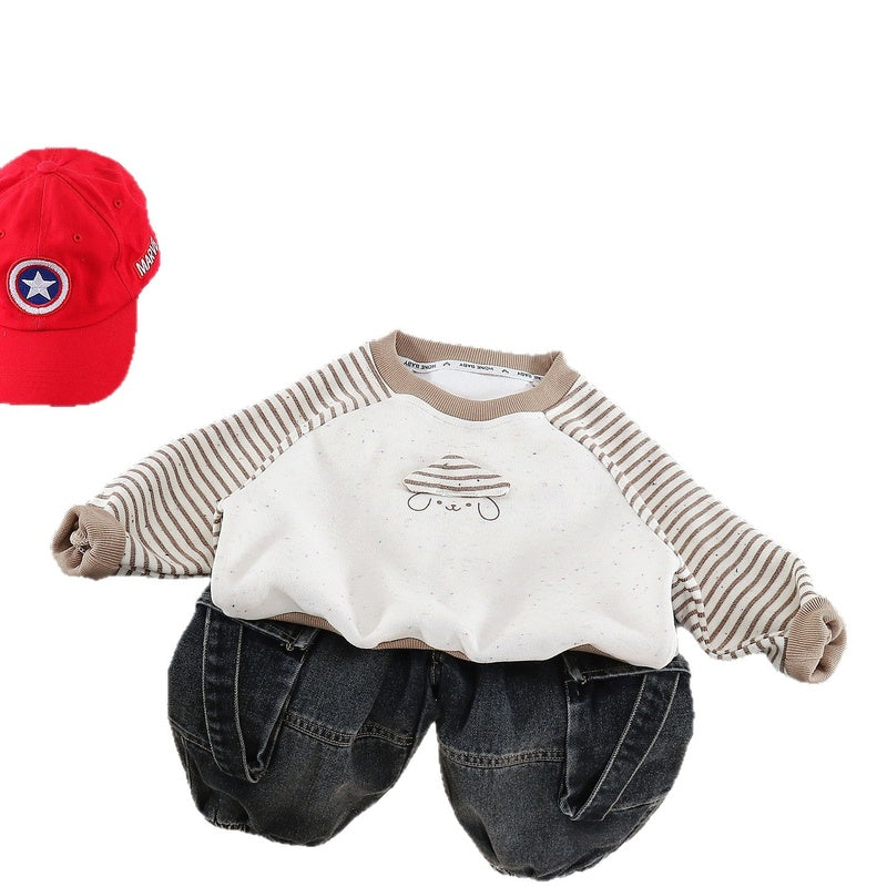 Boys' spring and autumn outfit 2026 new model children's long-sleeve striped hat dog hoodie two-piece set stylish baby fashion
