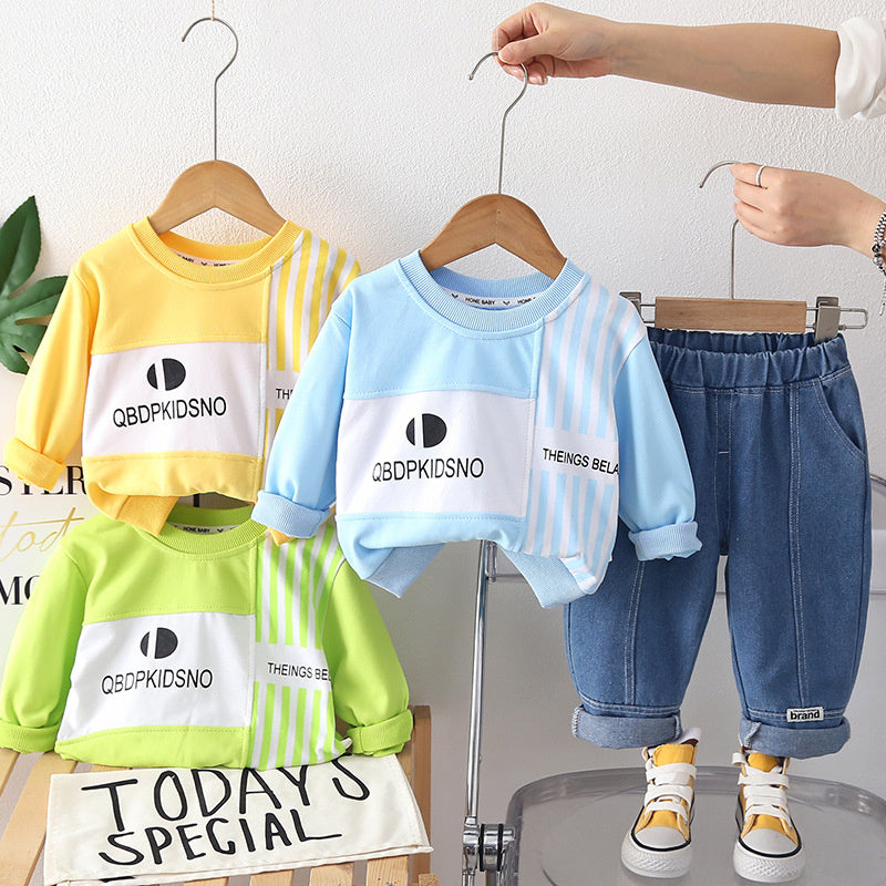 Boys' Outfit Set 2026 New Style Infant Children's Spring and Autumn Striped Sweatshirt Two-Piece Handsome Color-Block Clothes for Baby Boys