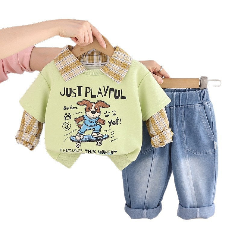 Children's Clothing Boys' Spring 2026 New Fashionable Skateboard Dog Plaid Two-Piece Set for Toddlers and Kids