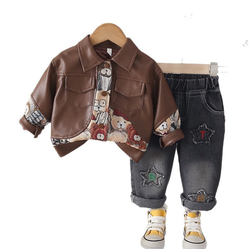 Boys' Autumn Outfit 2026 New Spring-Autumn Style Infants and Toddlers, Stylish Jacquard Bear Leather Jacket Three-Piece Set for Babies