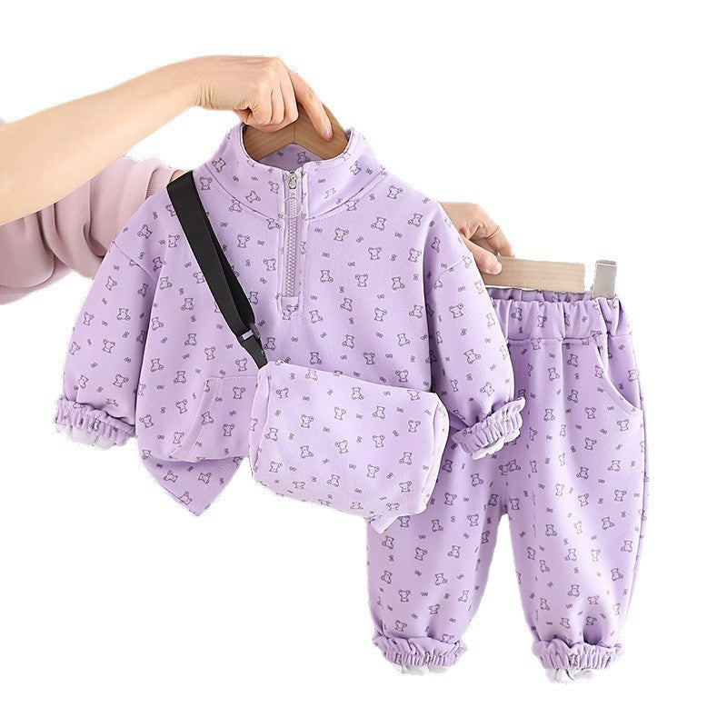 Girls' Autumn Outfit Set, Stylish Baby Girl Spring/Autumn Full-Print Bear Crossbody Bag Two-Piece Set for Infant Girls