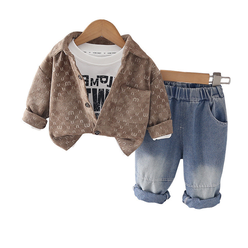 Boys' Outfit 2026 New Style Baby Furry Letter Cardigan Three-Piece Set Infant Children's Spring and Autumn Fashion Clothing