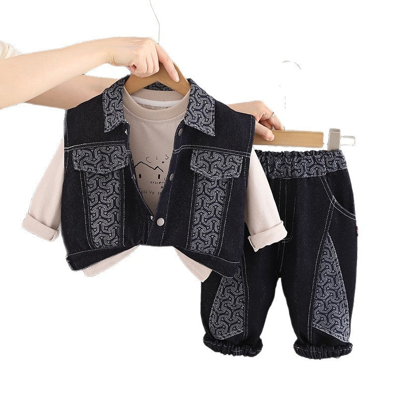 Boys' Autumn Outfit: Color-Contrast Denim Vest 2026 New Fashionable Casual Patchwork Korean Style Three-Piece Set for Children