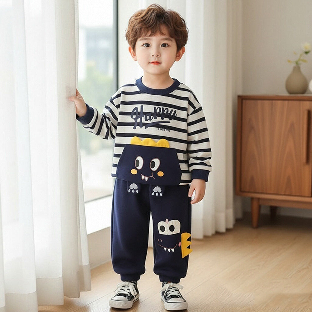 Boys' and Autumn Outfit 2026 New Style Baby Boy Spring Fashion Striped Dinosaur Two-Piece Set Infant Toddler Clothing