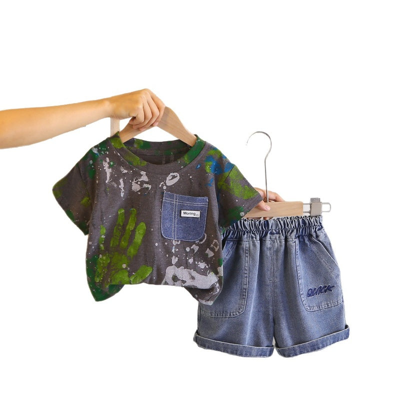 Outfit Children's Boys' Printed Pattern Short Sleeve Clothes 2026 New Baby Summer Two-Piece Trendy Set